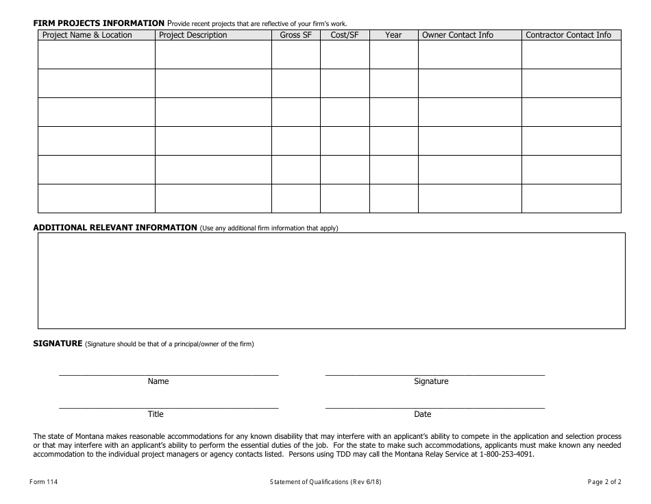 Form 114 Statement of Qualifications - Montana, Page 2