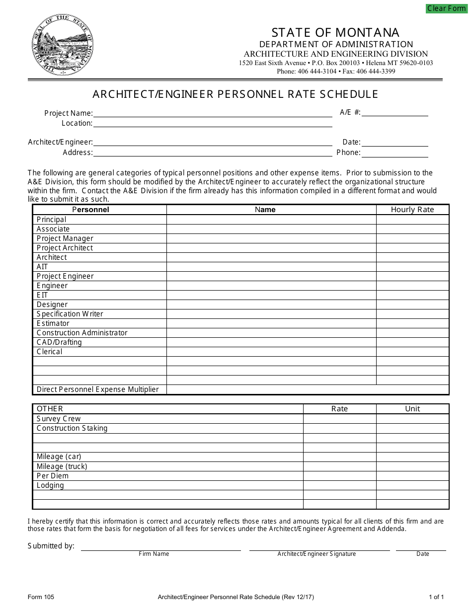 Form 105 Architect / Engineer Personnel Rate Schedule - Montana, Page 1