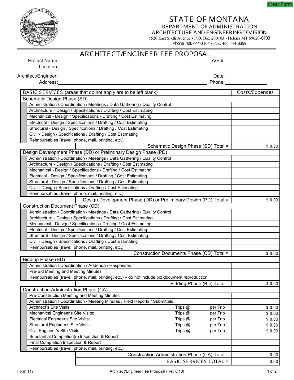 Form 117 Architect / Engineer Fee Proposal - Montana, Page 1