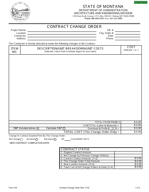 Form 104 Contract Change Order - Montana