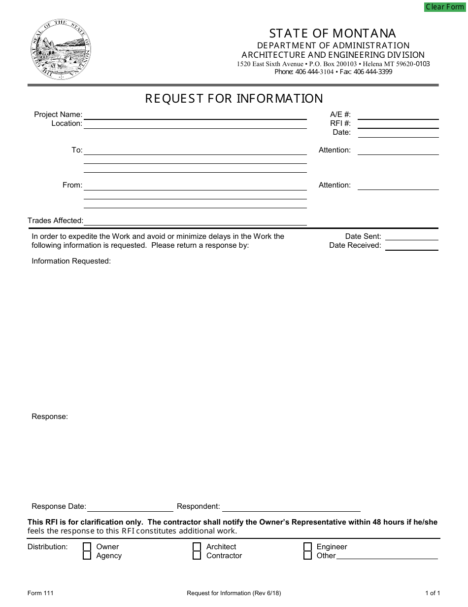 Form 111 Request for Information - Montana, Page 1