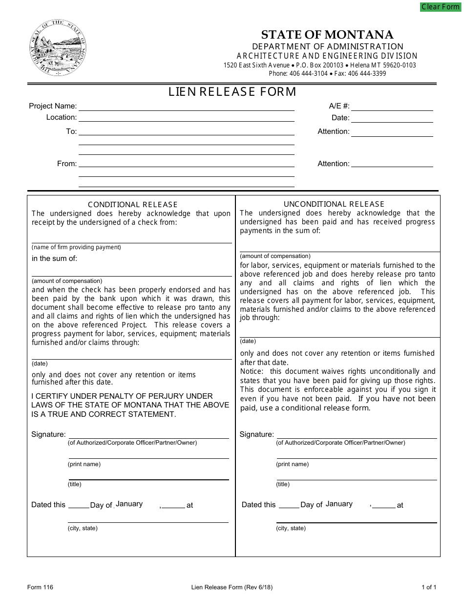 Form 116 Lien Release Form - Montana, Page 1