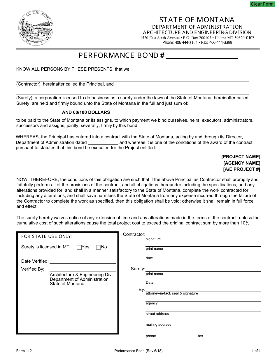 Form 112 Performance Bond - Montana, Page 1