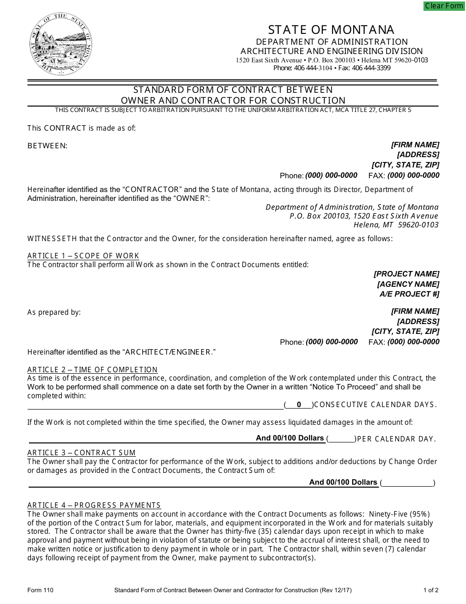Form 110 Standard Form of Contract Between Owner and Contractor for Construction - Montana, Page 1