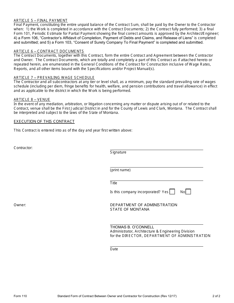 Form 110 Standard Form of Contract Between Owner and Contractor for Construction - Montana, Page 2