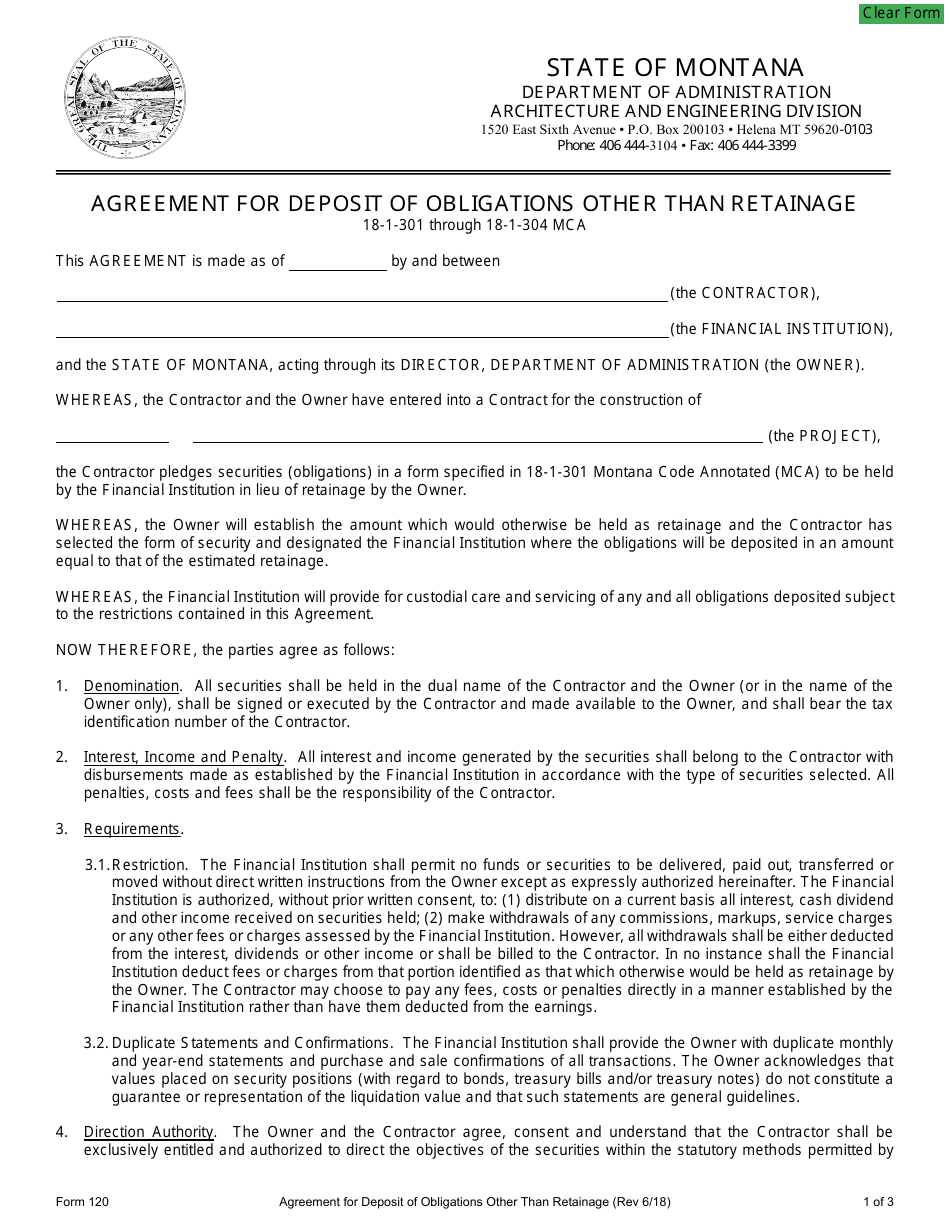 Form 120 Agreement for Deposit of Obligations Other Than Retainage - Montana, Page 1