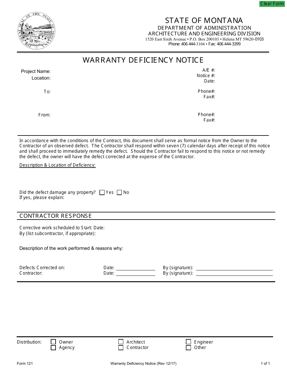 Form 121 Warranty Deficiency Notice - Montana, Page 1