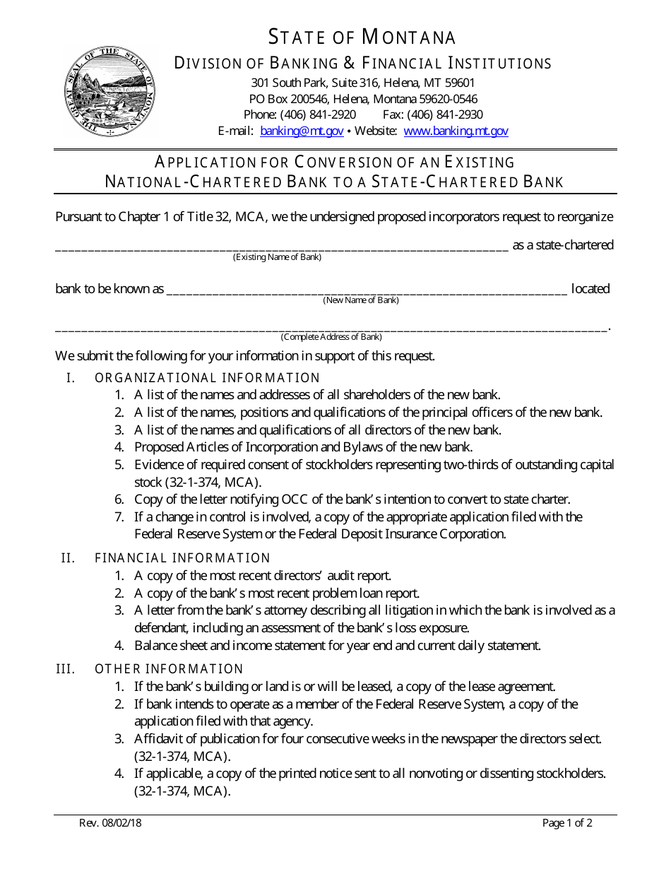 Application for Conversion of an Existing National-Chartered Bank to a State-Chartered Bank - Montana, Page 1