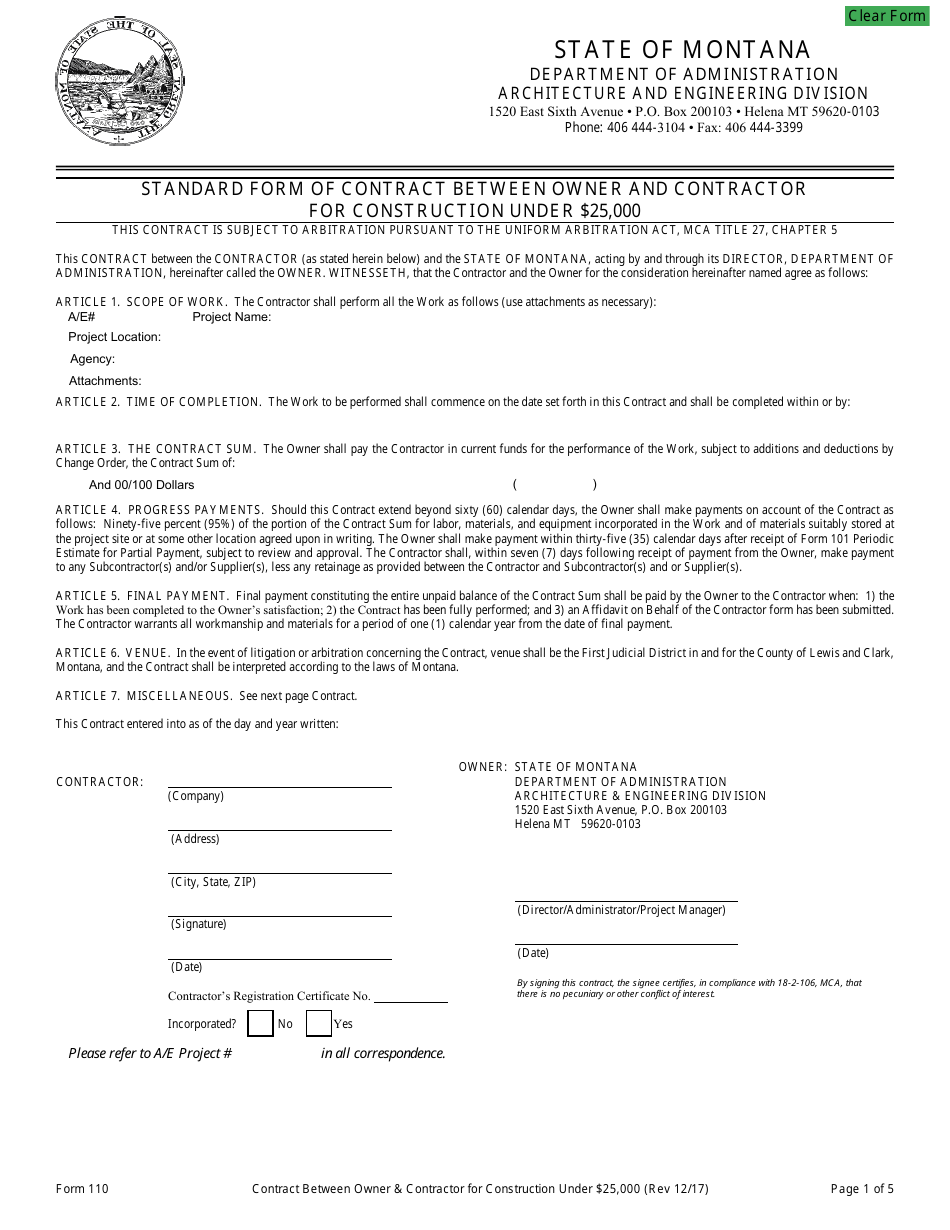 Form 110 Standard Form of Contract Between Owner and Contractor for Construction Under $25,000 - Montana, Page 1
