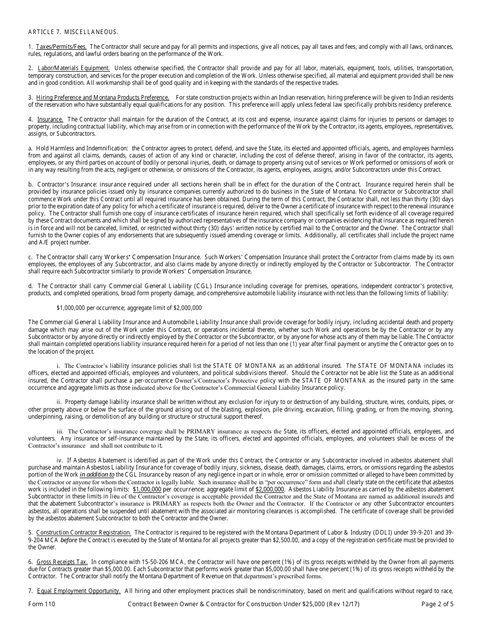 Form 110 Standard Form of Contract Between Owner and Contractor for Construction Under $25,000 - Montana, Page 2