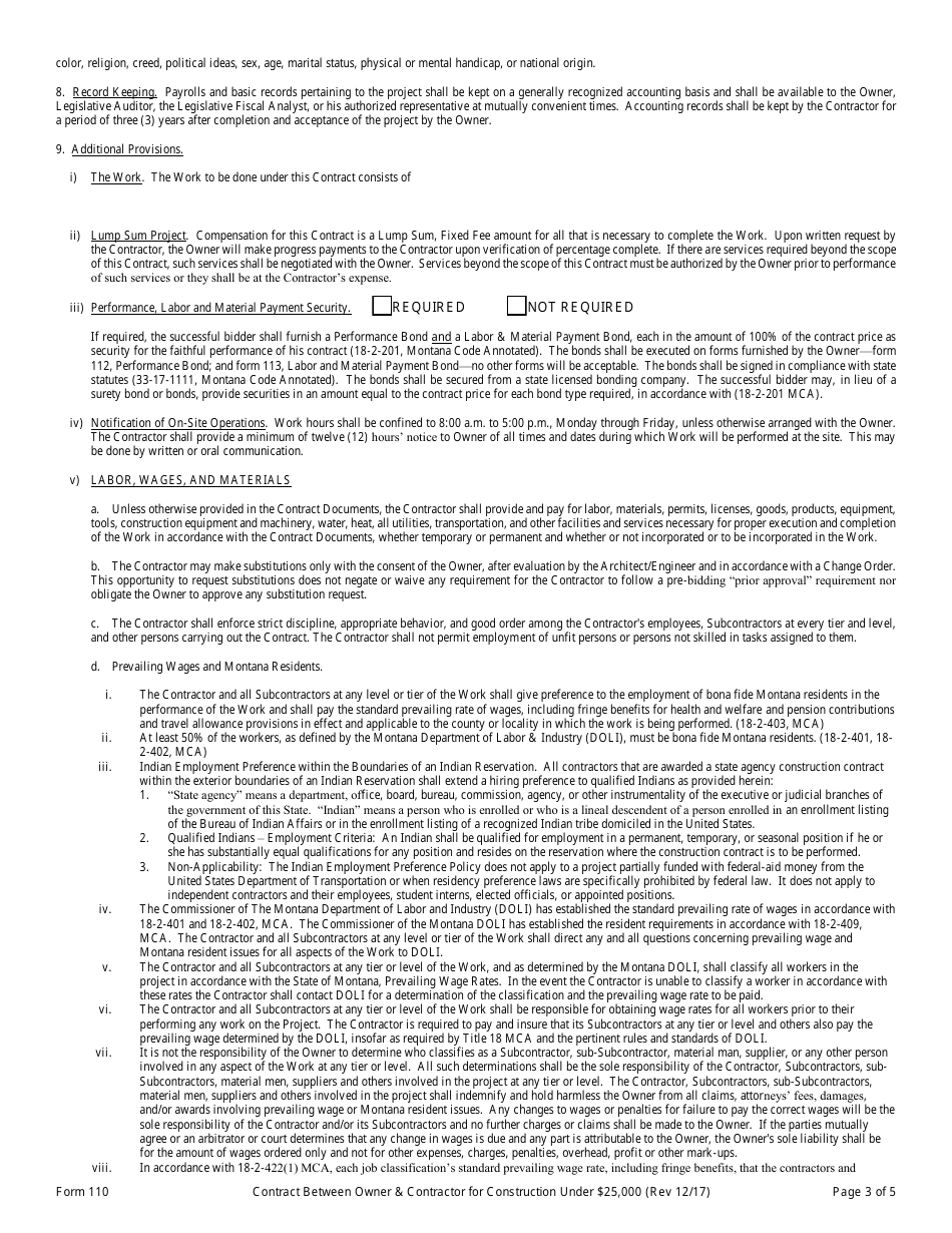 Form 110 Standard Form of Contract Between Owner and Contractor for Construction Under $25,000 - Montana, Page 3