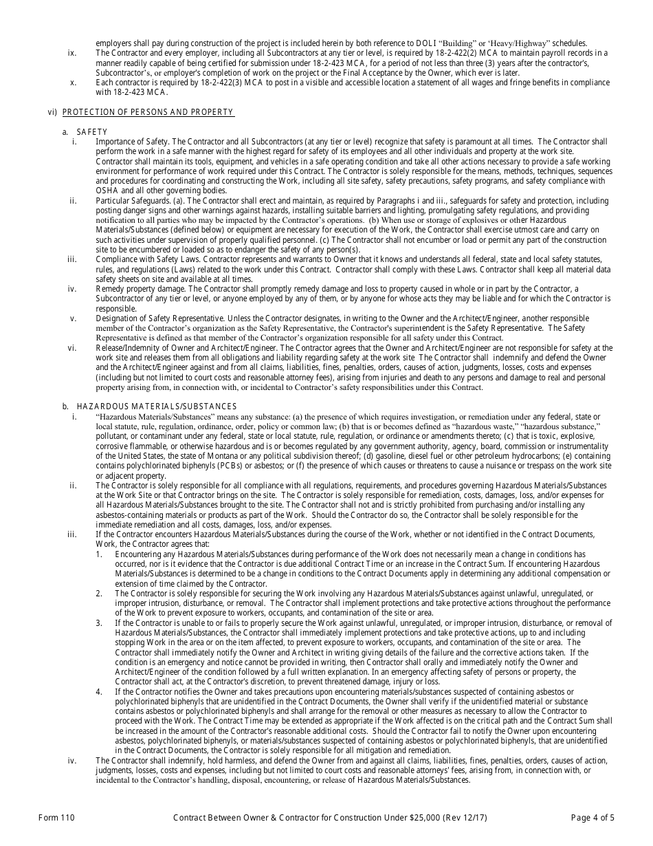 Form 110 Standard Form of Contract Between Owner and Contractor for Construction Under $25,000 - Montana, Page 4