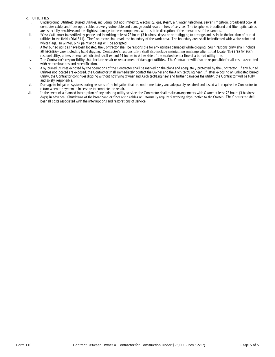 Form 110 Standard Form of Contract Between Owner and Contractor for Construction Under $25,000 - Montana, Page 5