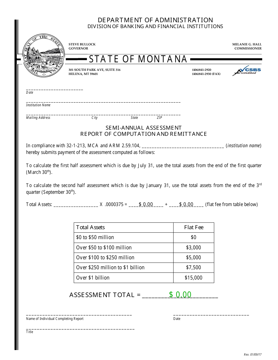 Semi-annual Assessment Report of Computation and Remittance - Montana, Page 1