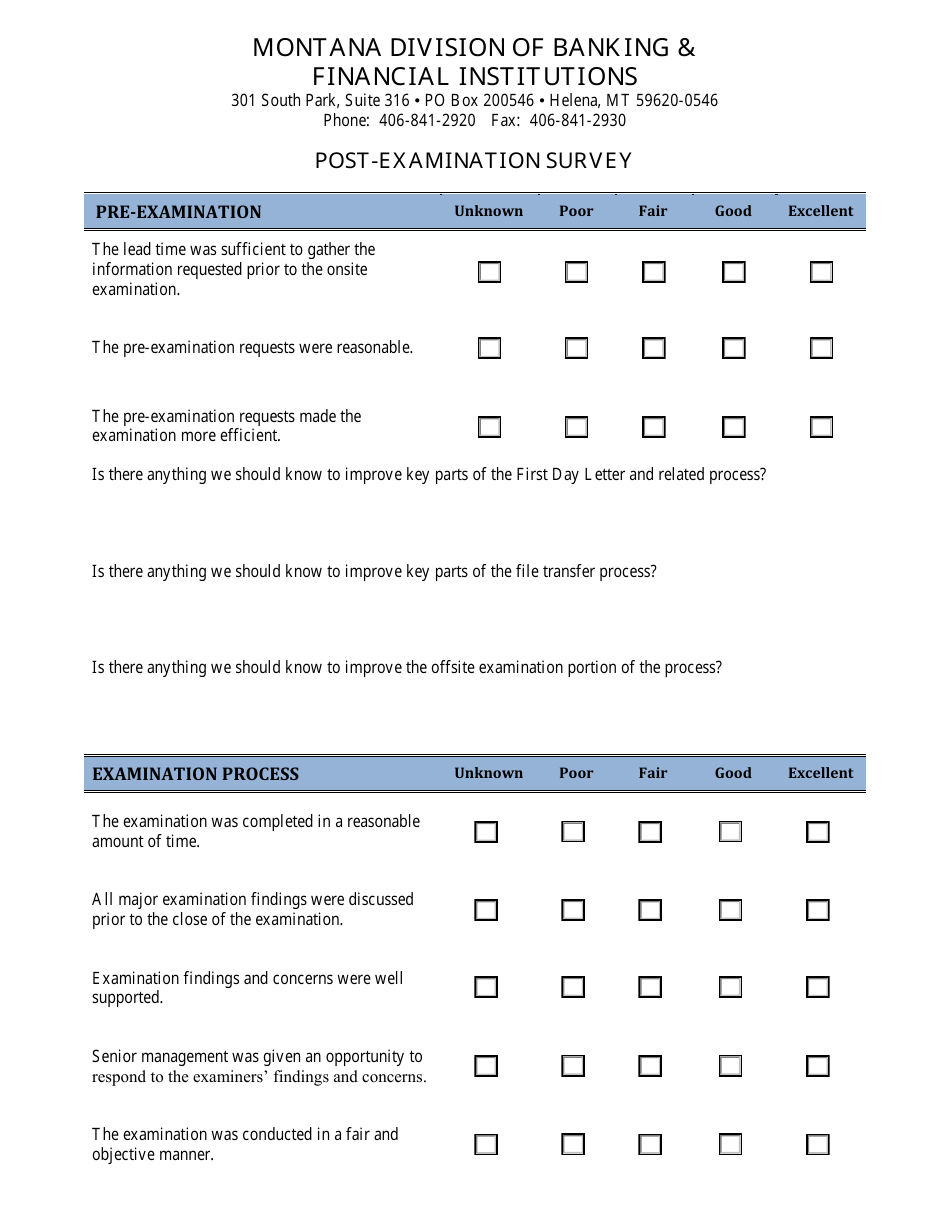 Post-examination Survey Form - Montana, Page 1
