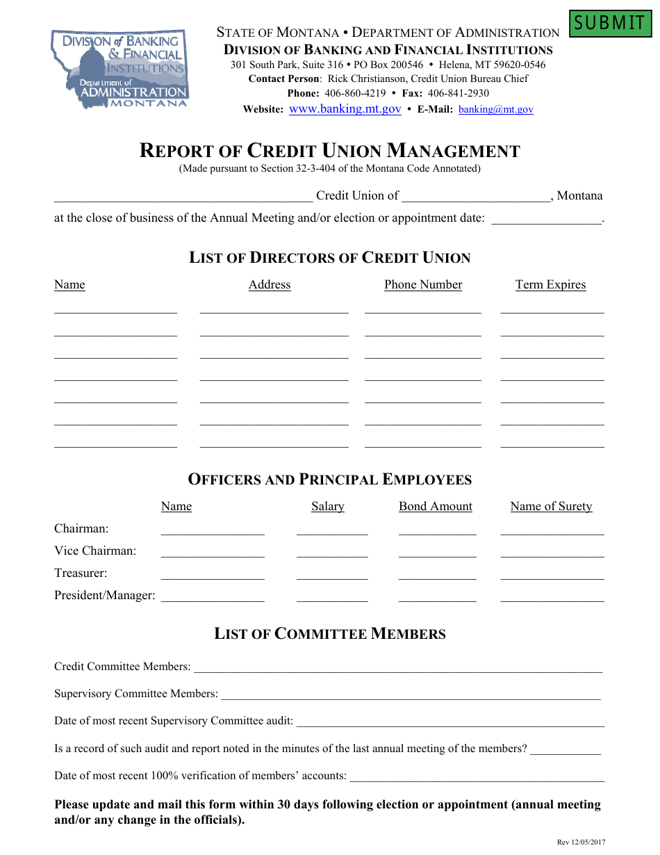 Report of Credit Union Management - Montana, Page 1