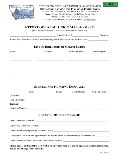 Report of Credit Union Management - Montana Download Pdf