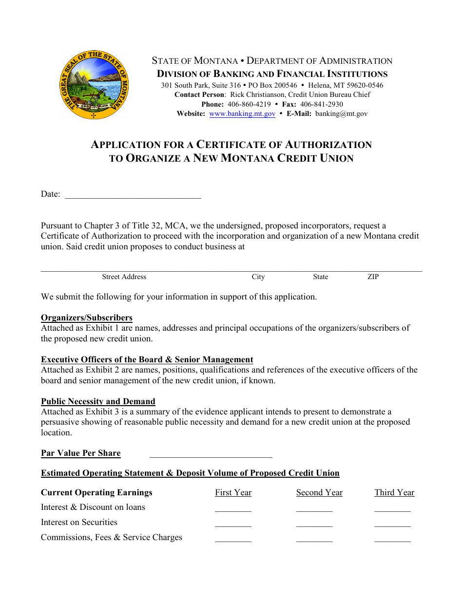 Application for a Certificate of Authorization to Organize a New Montana Credit Union - Montana, Page 1