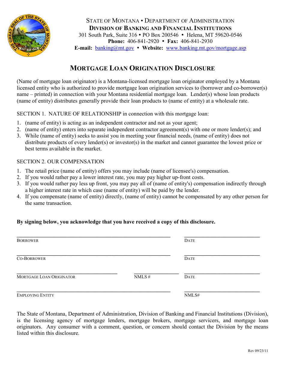 Montana Mortgage Loan Origination Disclosure Form Fill Out, Sign