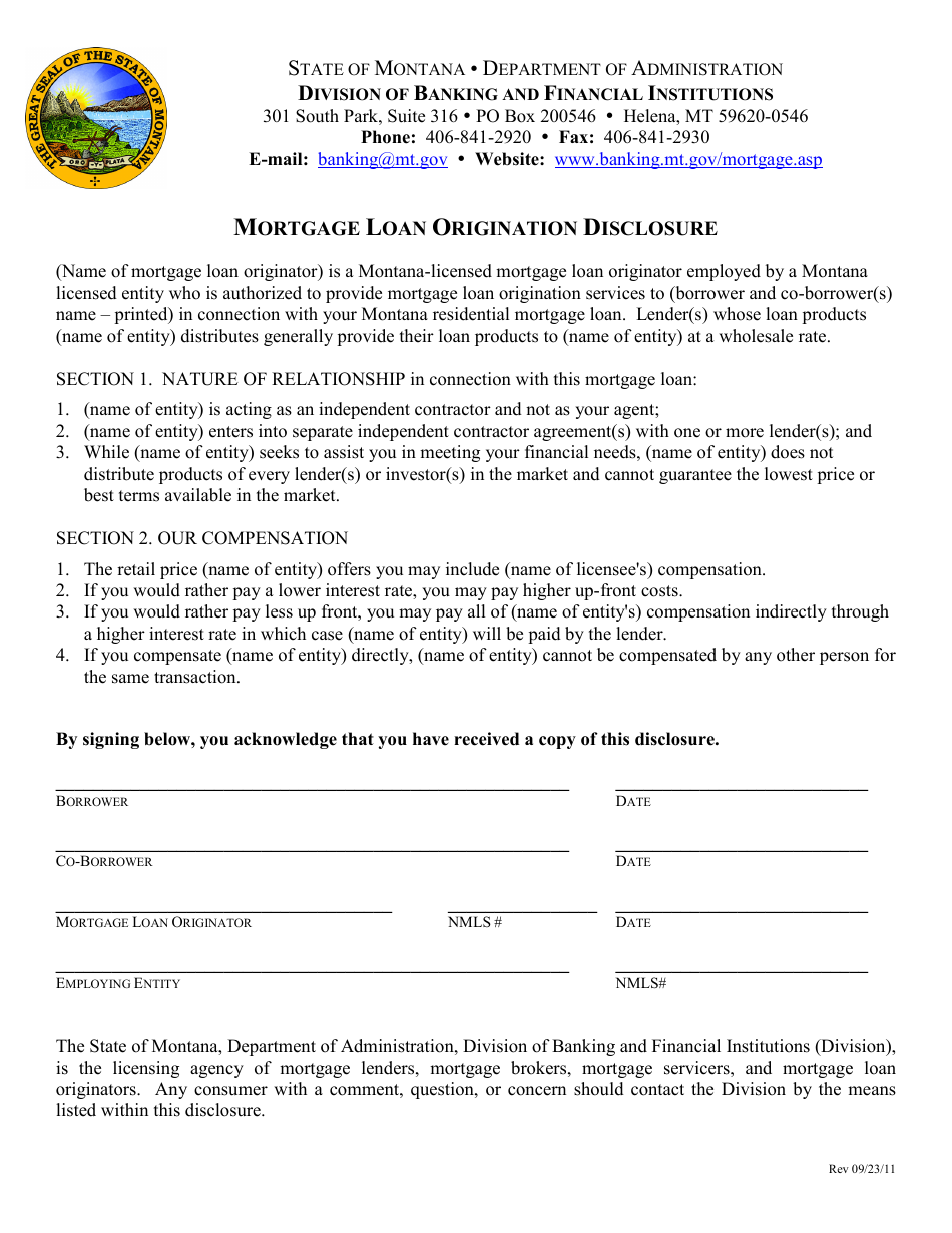 Mortgage Loan Origination Disclosure Form - Montana, Page 1