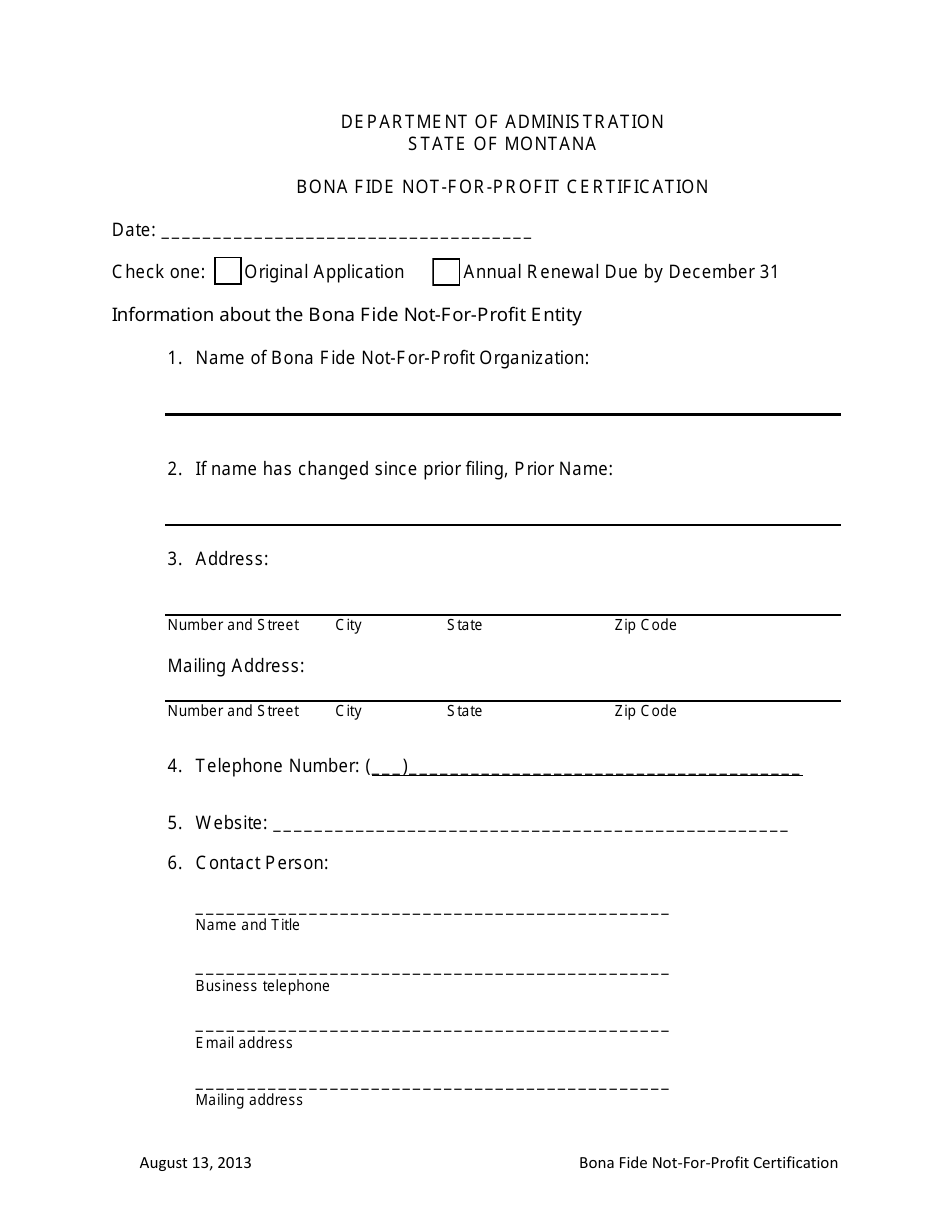 Bona Fide Not-For-Profit Certification Form - Montana, Page 1