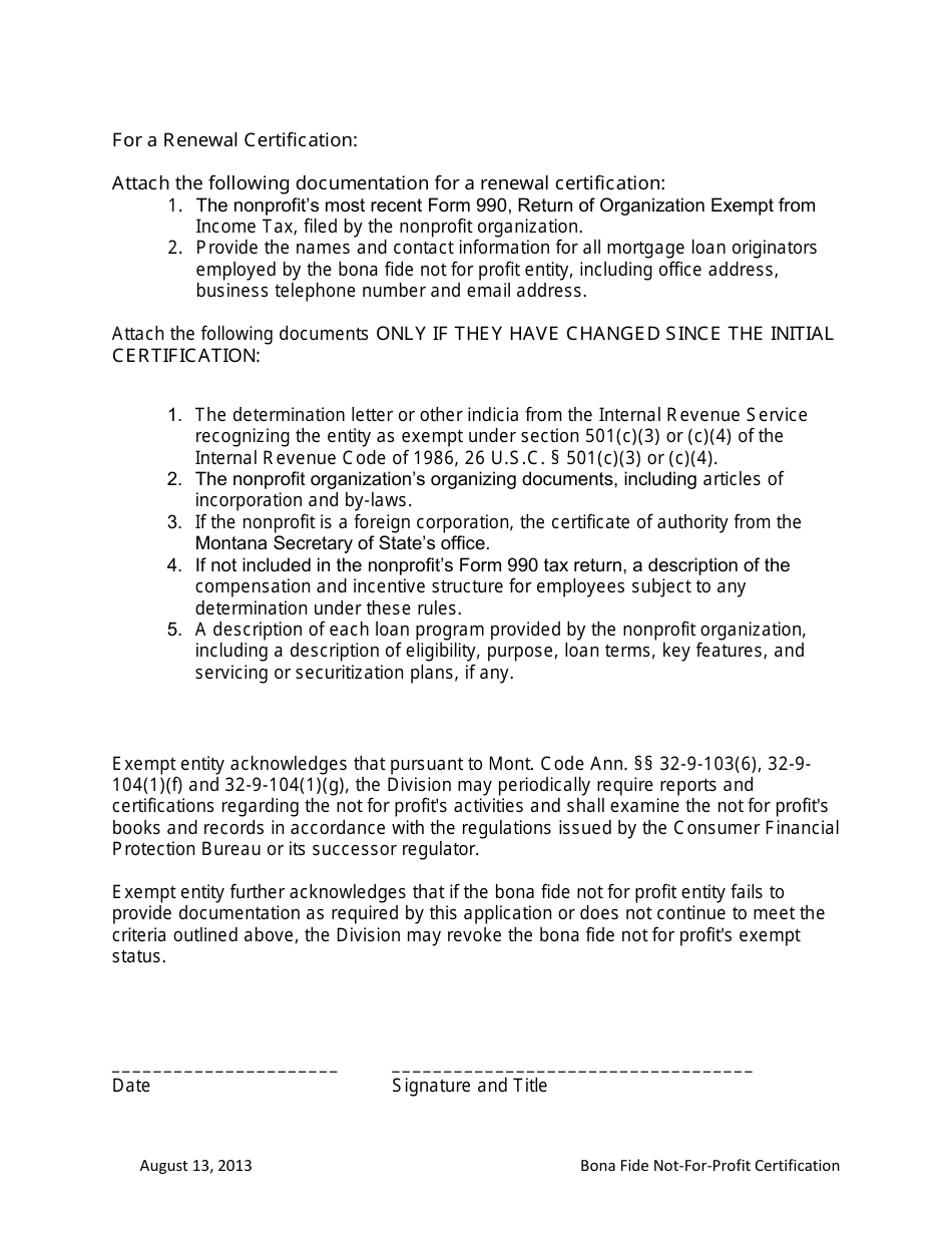 Bona Fide Not-For-Profit Certification Form - Montana, Page 3
