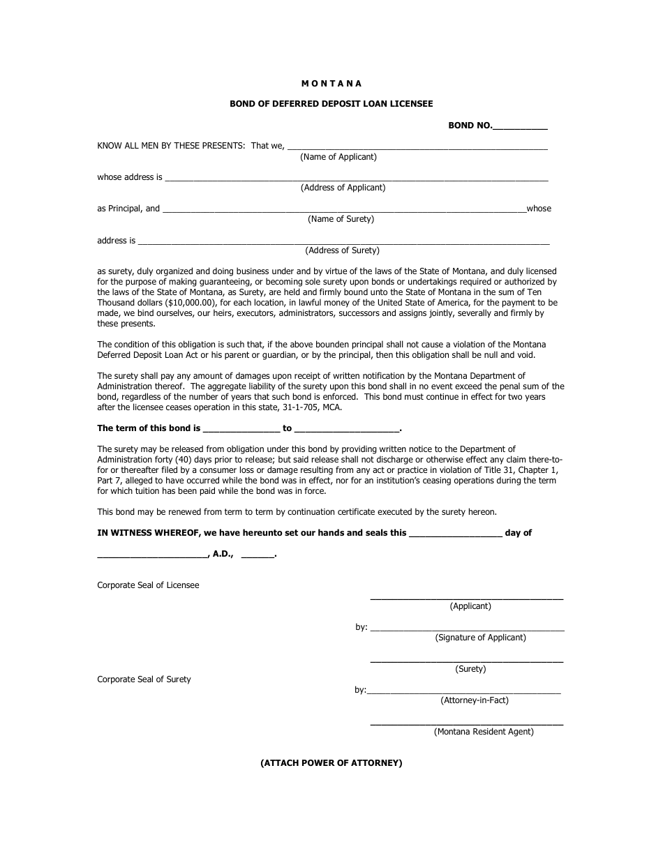 Bond of Deferred Deposit Loan Licensee - Montana, Page 1