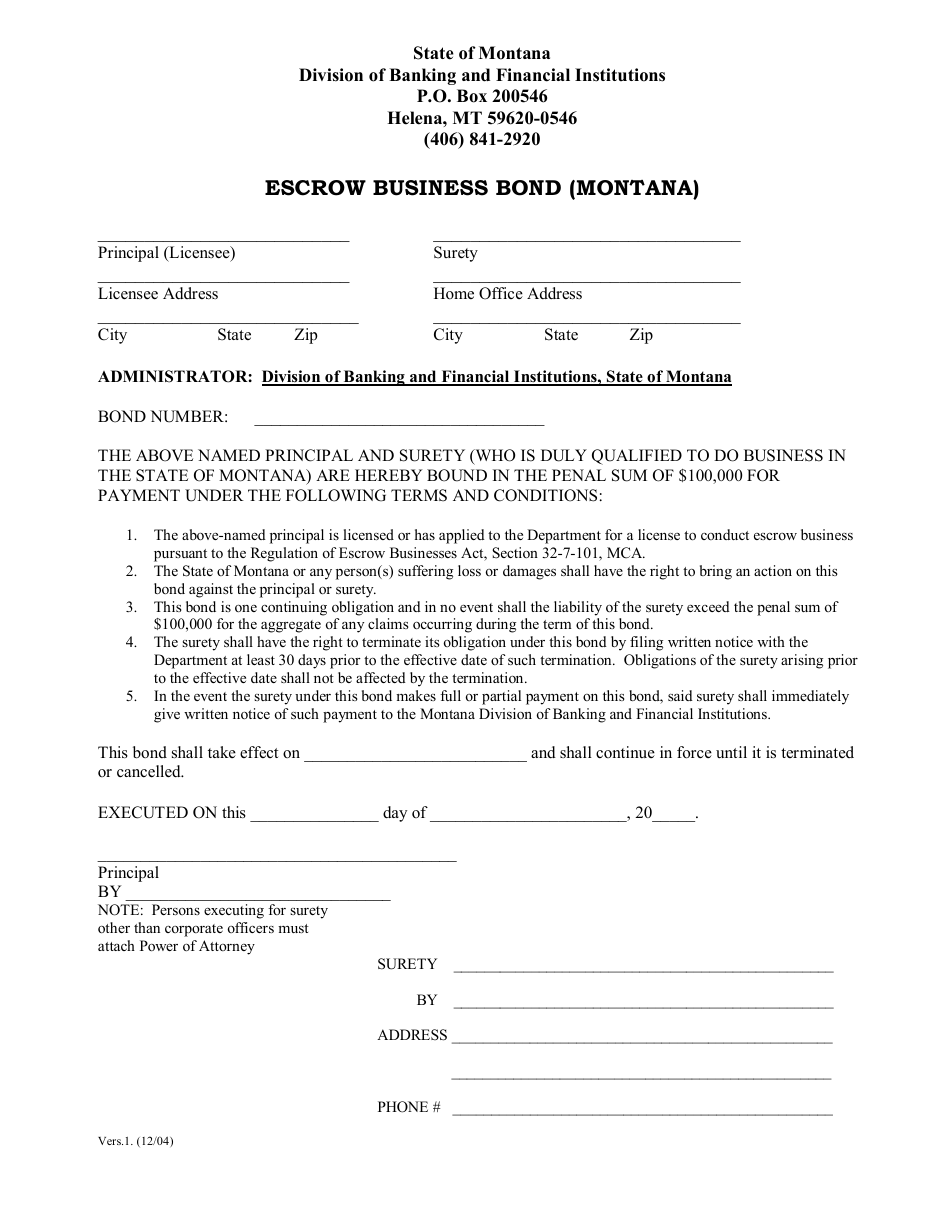 Escrow Business Bond (Montana) - Montana, Page 1