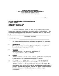 Application to Organize a New Montana Business and Industrial Development Corporation - Montana