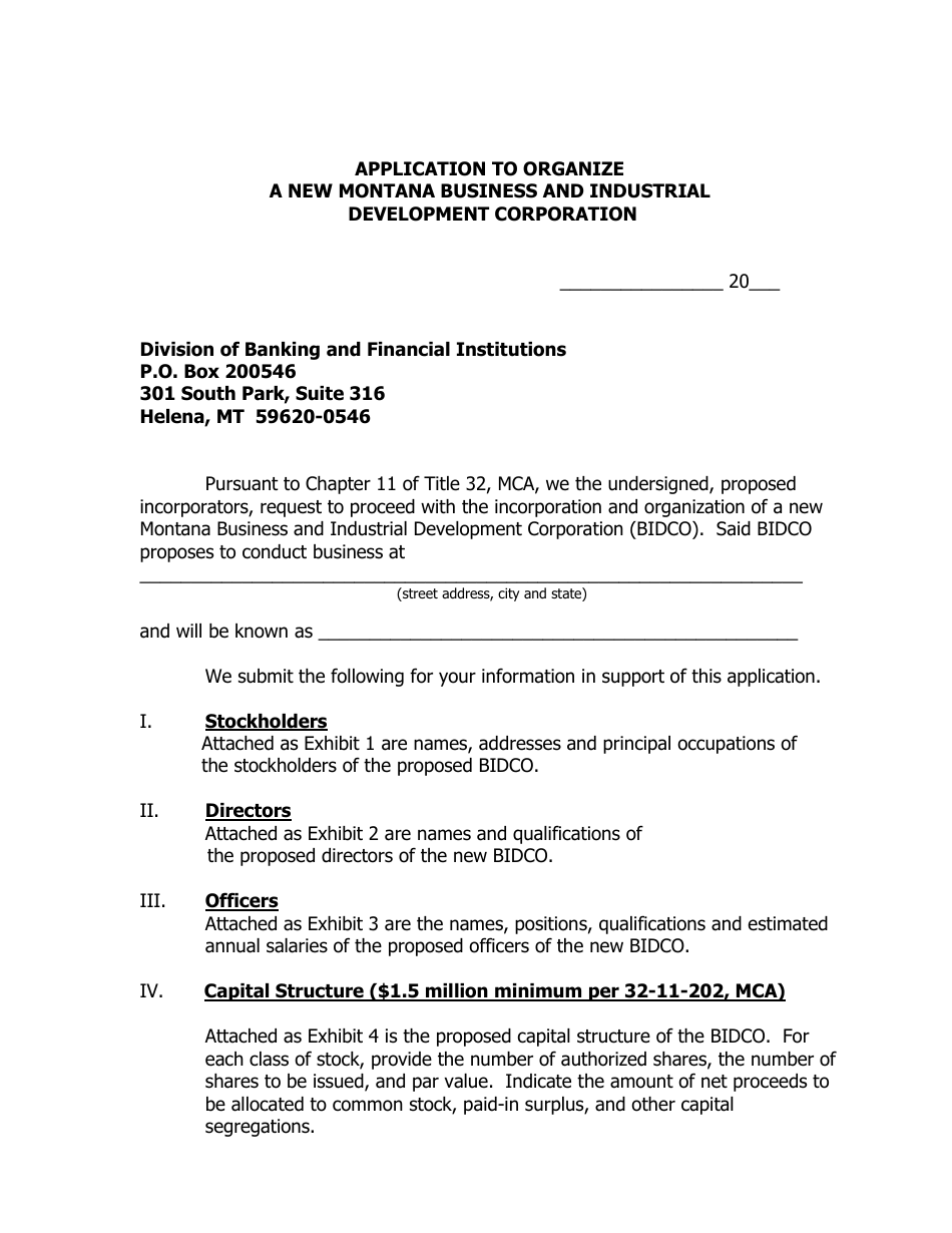 Application to Organize a New Montana Business and Industrial Development Corporation - Montana, Page 1