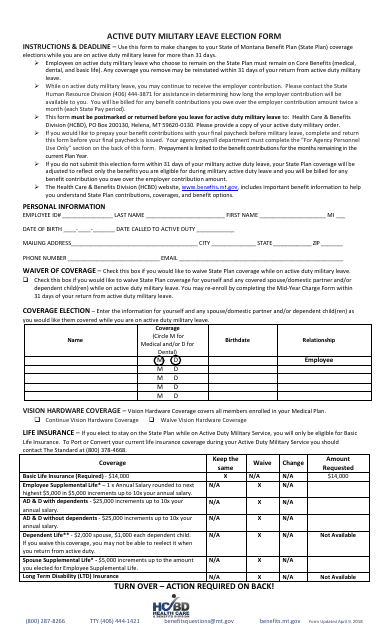 Active Duty Military Leave Election Form - Montana Download Pdf