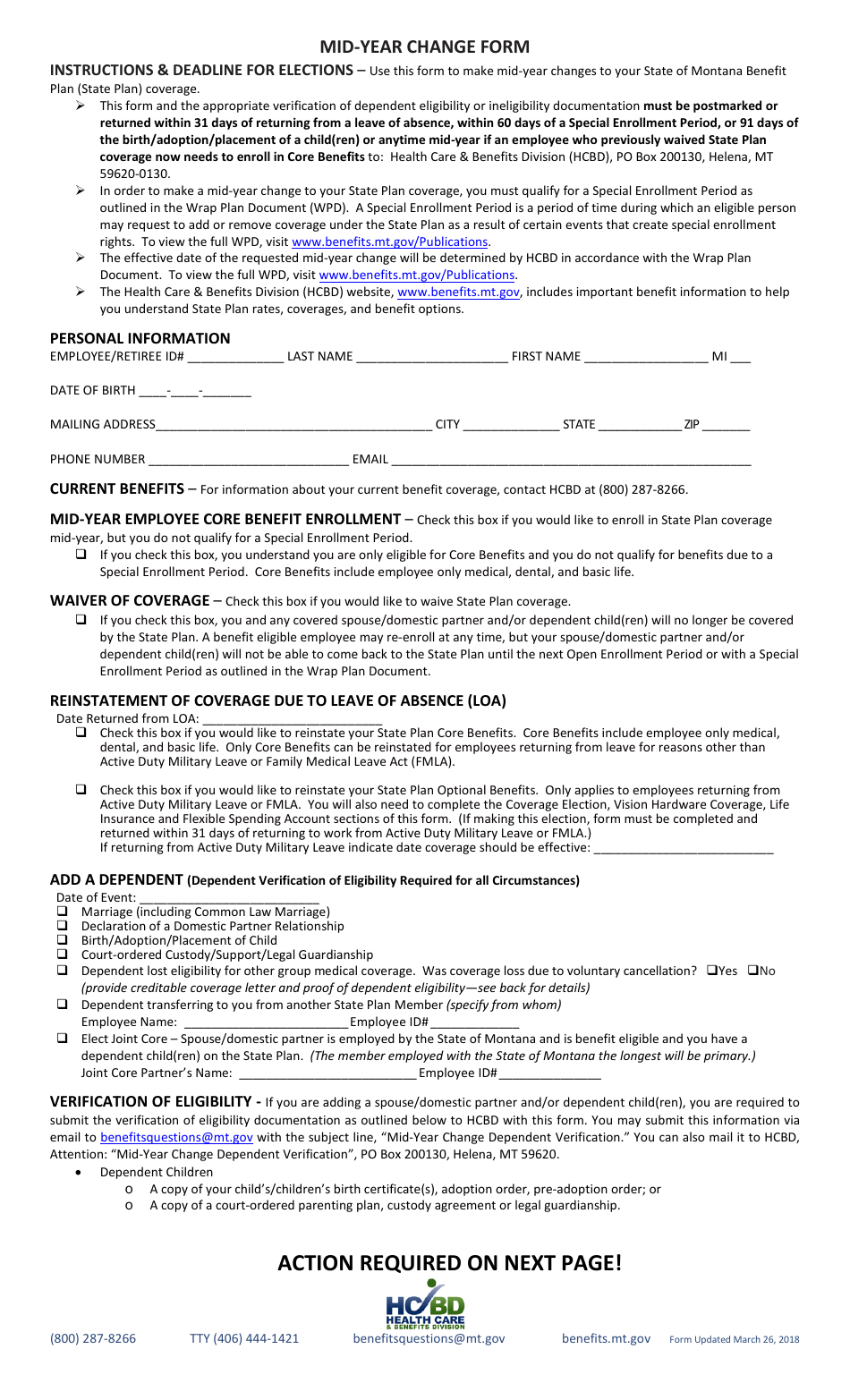 Mid-year Change Form - Montana, Page 1