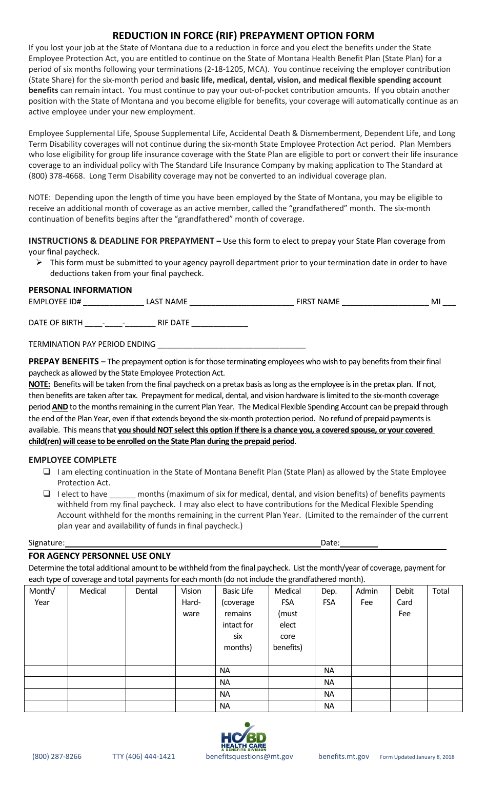 Reduction in Force (Rif) Prepayment Option Form - Montana, Page 1