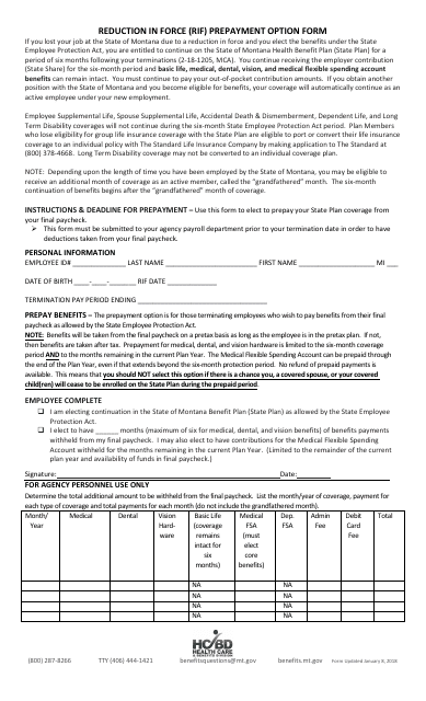 Reduction in Force (Rif) Prepayment Option Form - Montana Download Pdf