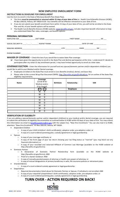 New Employee Enrollment Form - Montana Download Pdf
