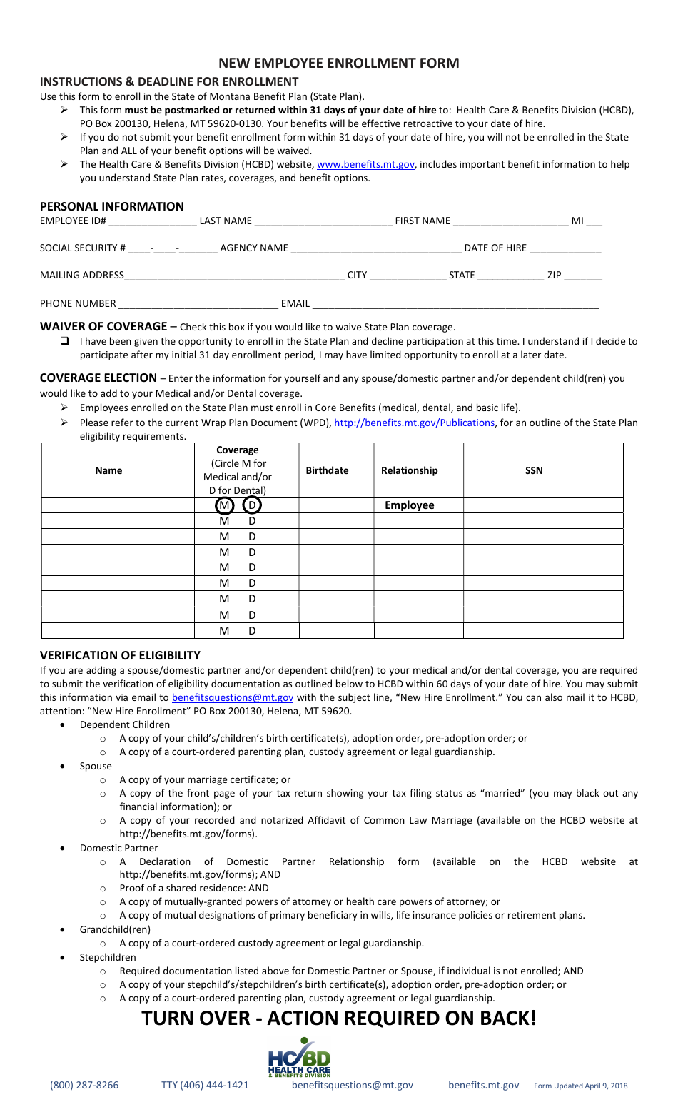 New Employee Enrollment Form - Montana, Page 1