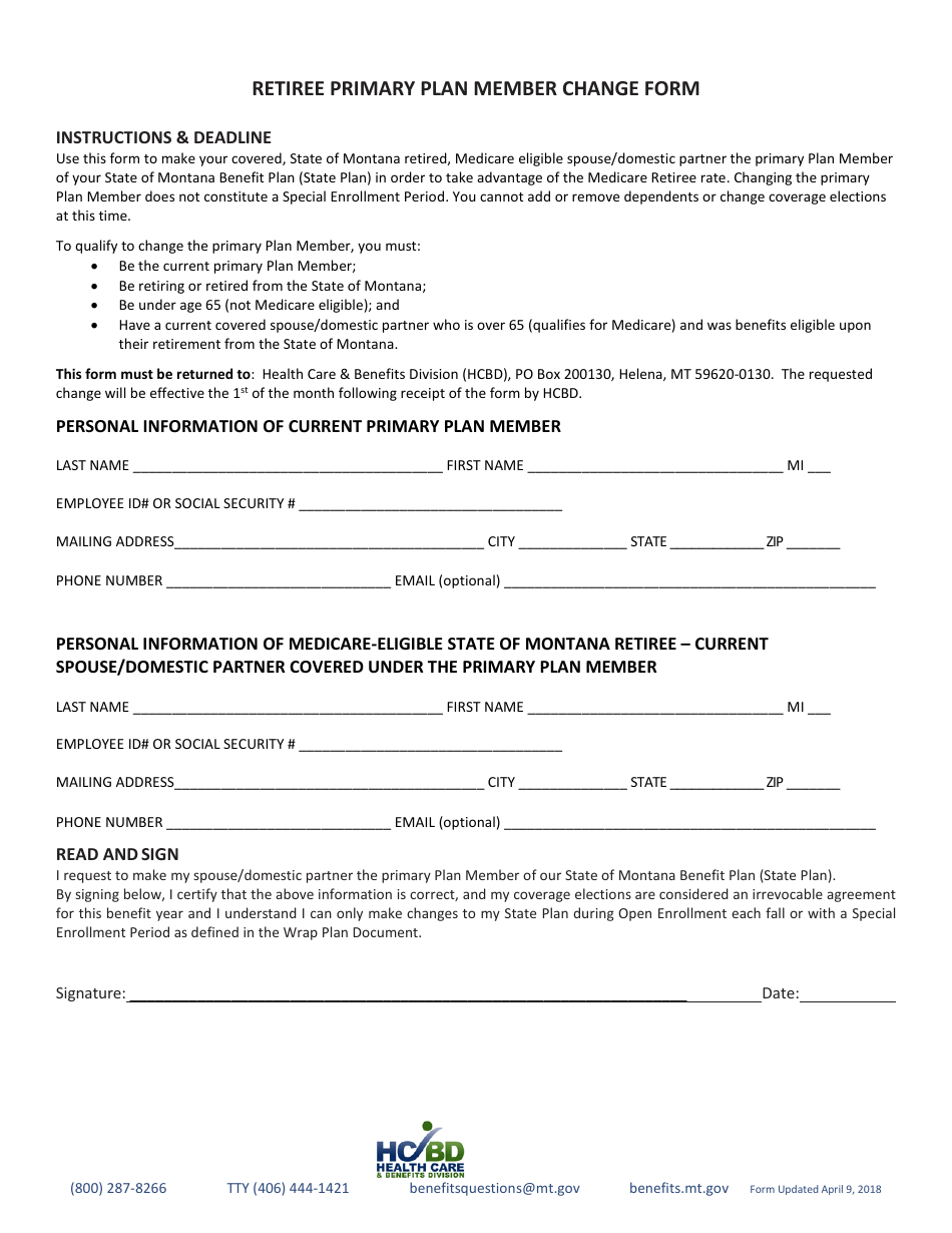 Retiree Primary Plan Member Change Form - Montana, Page 1
