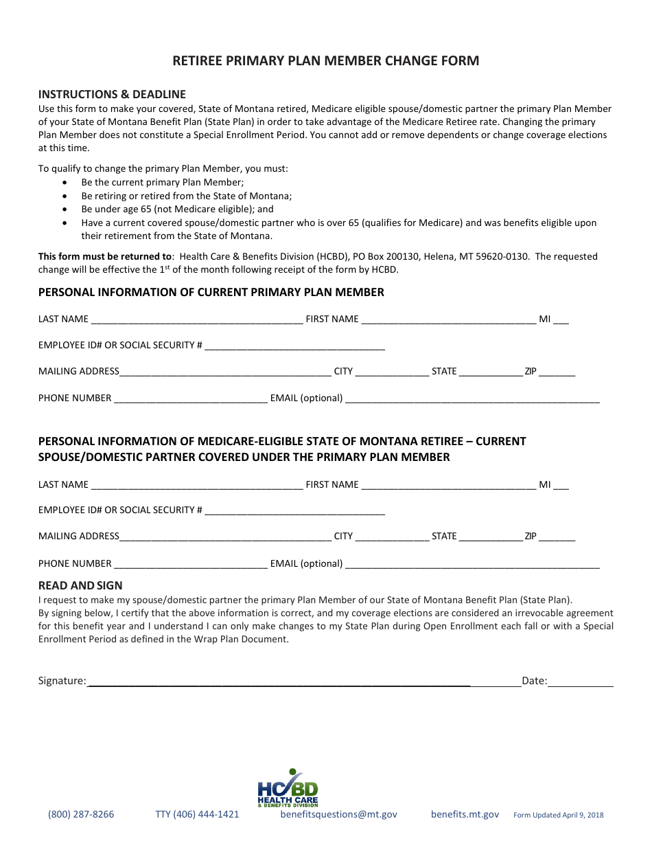 Montana Retiree Primary Plan Member Change Form - Fill Out, Sign Online ...