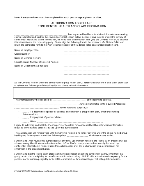 A close-up photo of the document, "Authorization to Release Confidential Health and Claim Information", showing an official-looking form with detailed fields to fill out.