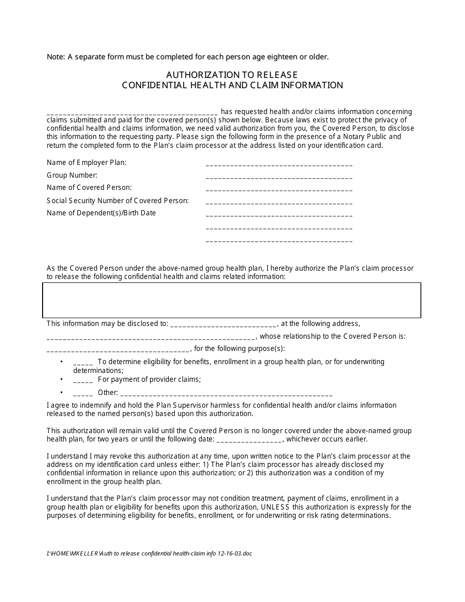 A close-up photo of the document, "Authorization to Release Confidential Health and Claim Information", showing an official-looking form with detailed fields to fill out.