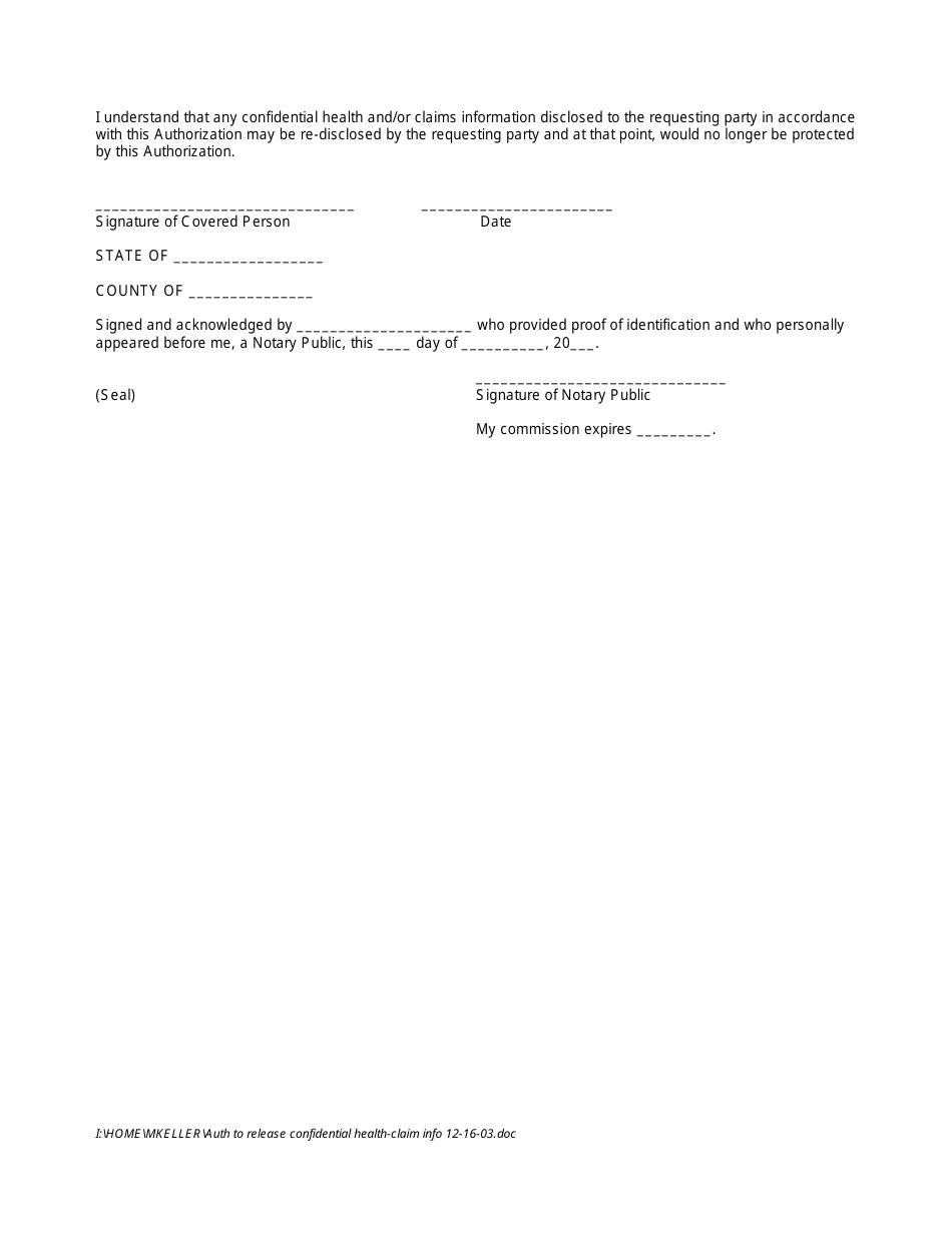 Authorization to Release Confidential Health and Claim Information, Page 2