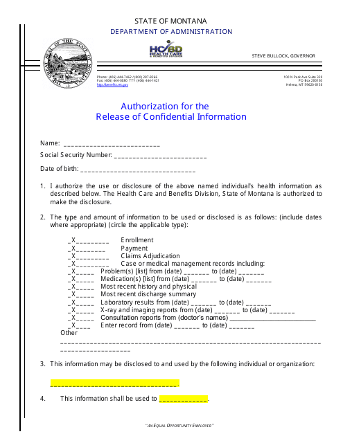 Authorization for the Release of Confidential Information - Montana