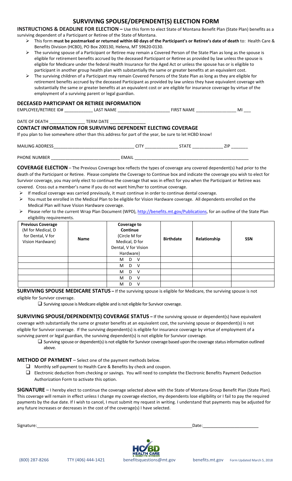Surviving Spouse / Dependent(s) Election Form - Montana, Page 1