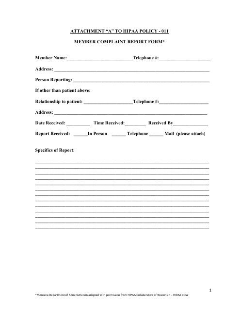 Attachment "a" to HIPAA Policy - 011 - Member Complaint Report Form - Montana Download Pdf
