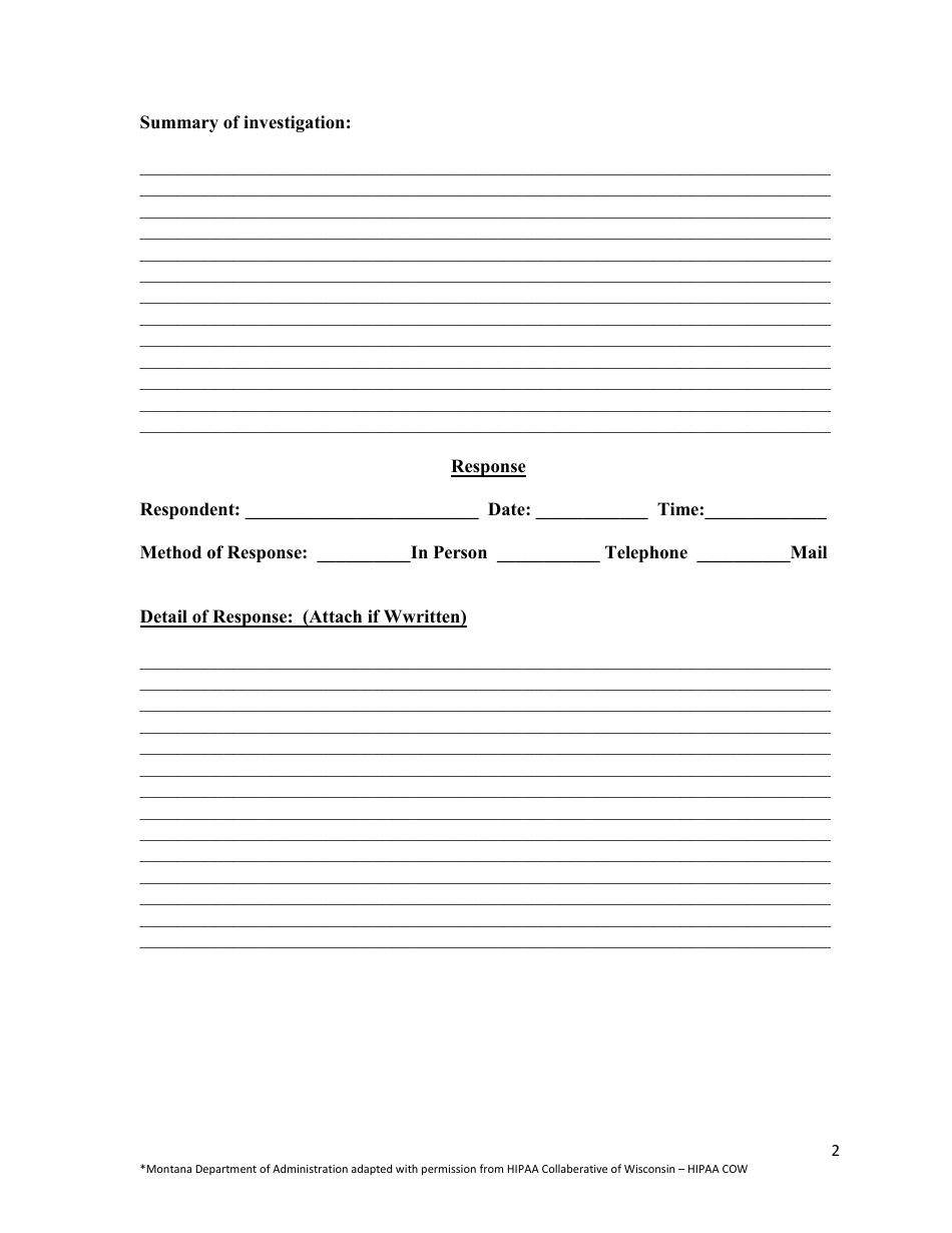 Attachment a to HIPAA Policy - 011 - Member Complaint Report Form - Montana, Page 2