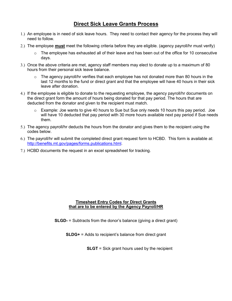Direct Sick Leave Grant Form - Montana, Page 1