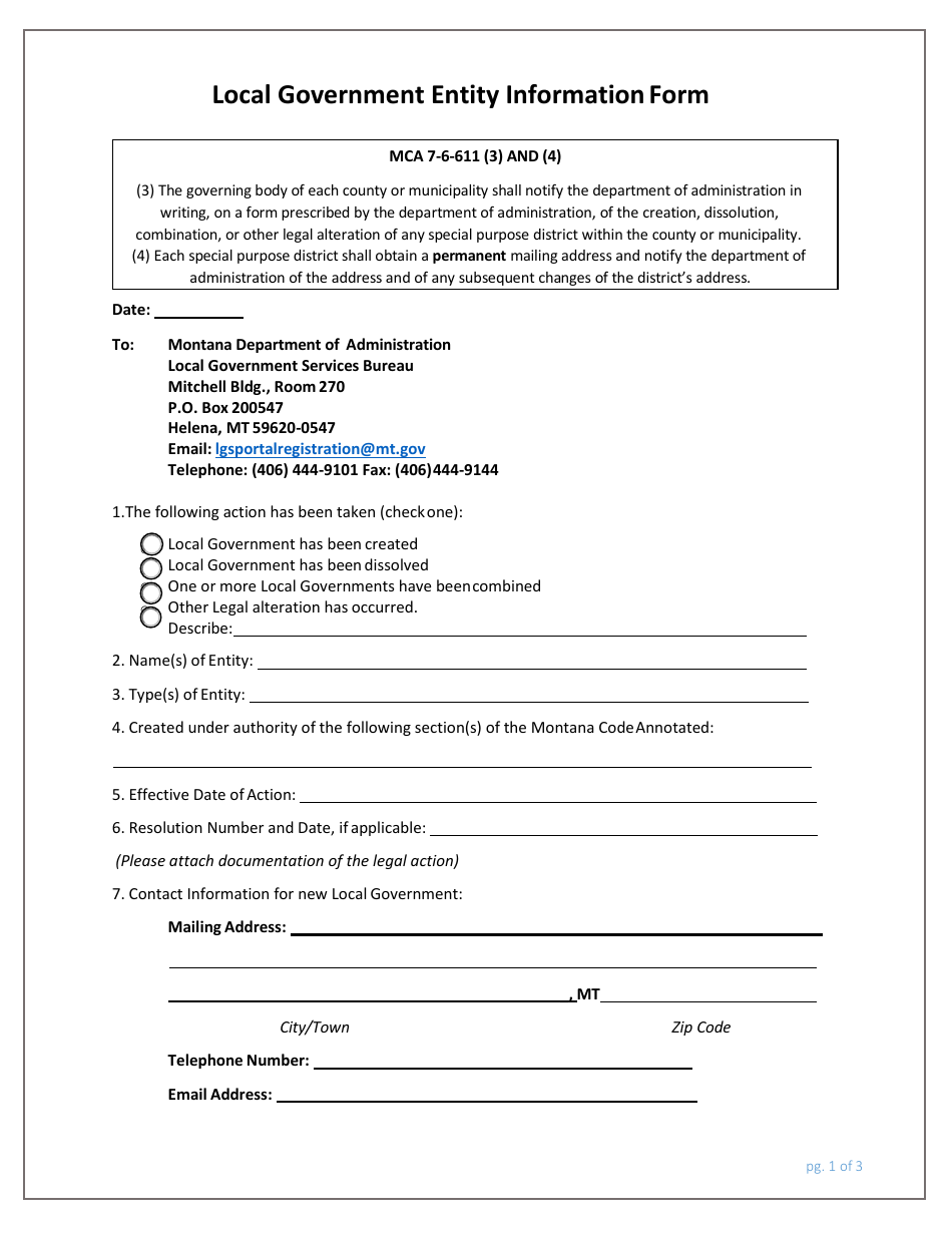 Local Government Entity Information Form - Montana, Page 1