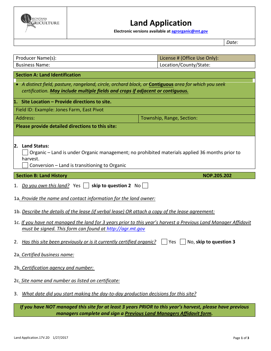 Land Application Form - Montana, Page 1