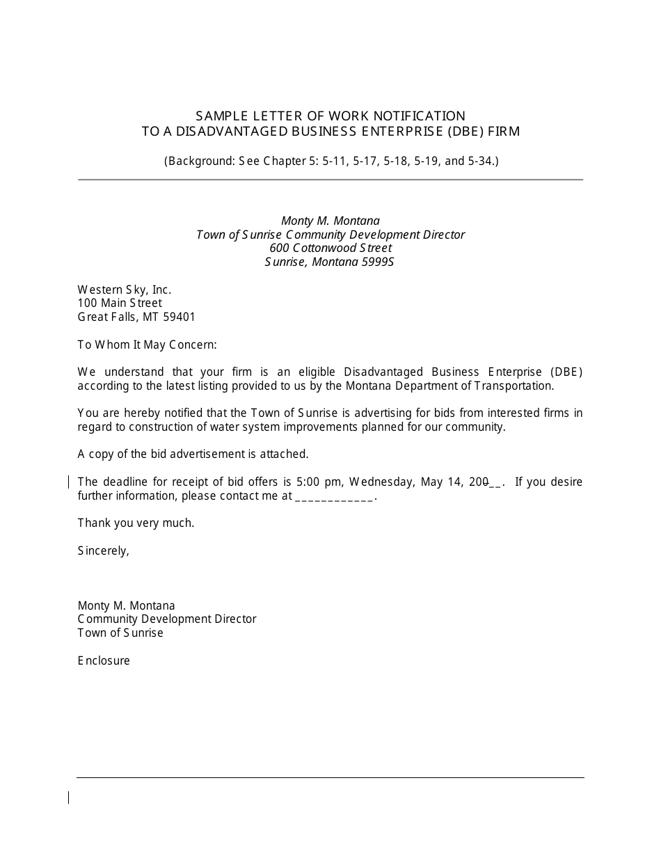 Sample Letter of Work Notification to a Disadvantaged Business Enterprise (Dbe) Firm - Montana, Page 1