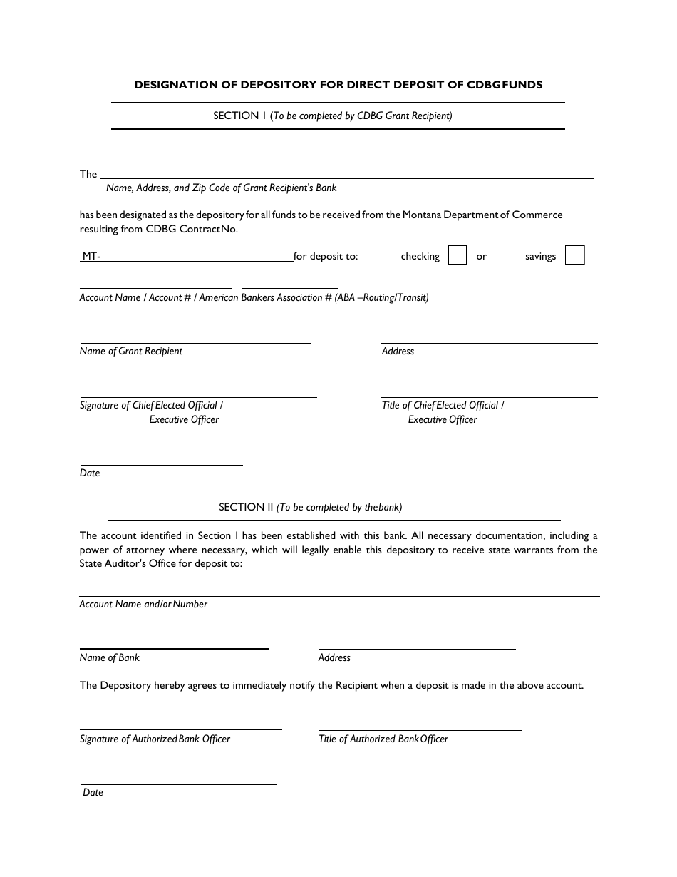 Designation of Depository for Direct Deposit of Cdbgfunds - Montana, Page 1